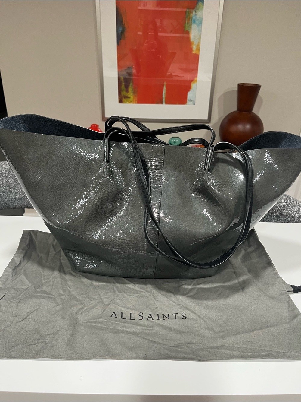 AllSaints Glossy Grey/Green Patent Leather Tote